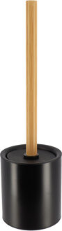 Badkamer toiletborstel met houder 103 series - zwart - 10 x 37 cm - metaal/bamboe hout