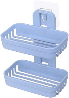 Badkamer Zuignap Zeepbakjes Plastic Houders Muur Gemonteerde Dubbeldeks Creatieve Drainage Zeep Opslag Dubbele Rekken blauw