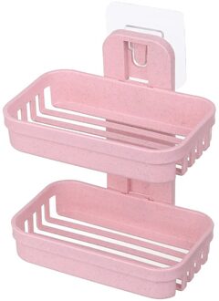 Badkamer Zuignap Zeepbakjes Plastic Houders Muur Gemonteerde Dubbeldeks Creatieve Drainage Zeep Opslag Dubbele Rekken roze
