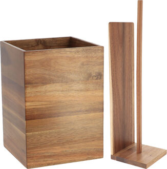 badkameraccessoire set - prullenbak en toiletrolhouders - acacia hout - donker bruin