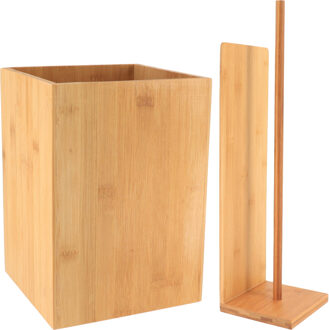 badkameraccessoire set - prullenbak en toiletrolhouders - bamboe hout - licht bruin