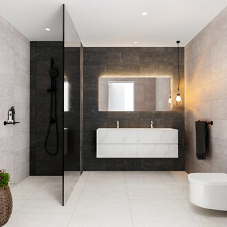 Badkamermeubel BWS Valencia Carrara Mat 150 cm Solid Surface Wastafel Links (0 kraangaten, 4 lades)