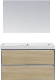 Badkamermeubel Sanilux PL 100 Greeploos Incl Spiegel En Wastafel Light Wood Multiplex 100x47x50 cm