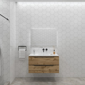 Badkamermeubelset Gliss Design Hera Mat Zwart 100cm 2 Laden Rustiek Eiken (Keuze Wastafel)