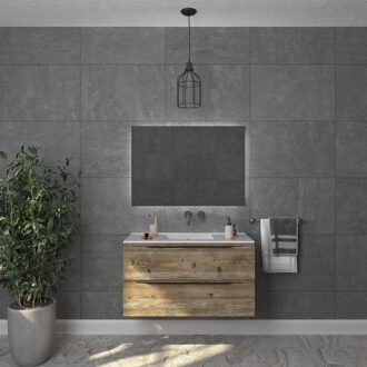 Badkamermeubelset Gliss Design Hera Mat Zwart 100cm 2 Laden Zwart Grenen (Keuze Wastafel) Eiken