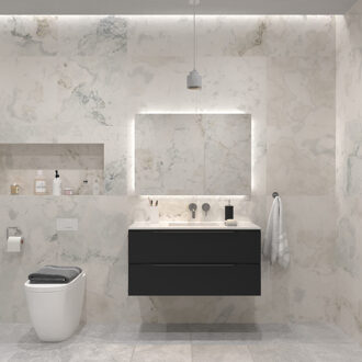 Badkamermeubelset Gliss Design Hera Mat Zwart 100cm 2 Laden Zwart Schoolkrijt (Keuze Wastafel)