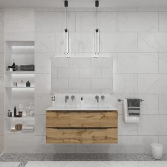 Badkamermeubelset Gliss Design Hera Mat Zwart 120cm 2 Laden Natuur Eiken (Keuze Wastafel)