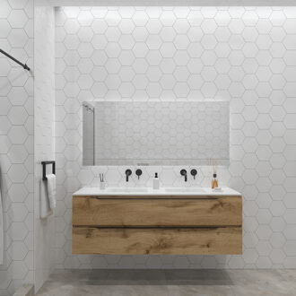 Badkamermeubelset Gliss Design Hera Mat Zwart 200cm 4 Laden Rustiek Eiken (Keuze Wastafel)