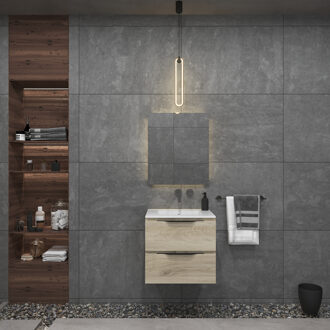 Badkamermeubelset Gliss Design Hera Mat Zwart 70cm 2 Laden Licht Grijs Eiken (Keuze Wastafel)