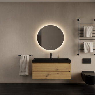 Badkamermeubelset Gliss Design Milan Met Lako Mat Zwart Wastafel 100 cm Artisan Oak Eiken
