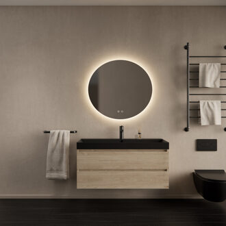 Badkamermeubelset Gliss Design Milan Met Lako Mat Zwarte Wastafel 100 cm Kastanje Eiken