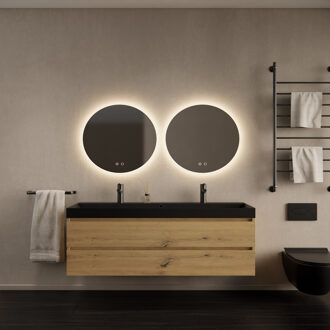 Badkamermeubelset Gliss Design Milan Met Lako Mat Zwarte Wastafel 140 cm Artisan Oak Eiken