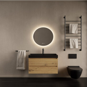 Badkamermeubelset Gliss Design Milan Met Lako Mat Zwarte Wastafel 80 Cm Artisan Oak Eiken