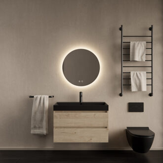 Badkamermeubelset Gliss Design Milan Met Lako Mat Zwarte Wastafel 80 Cm Kastanje Eiken