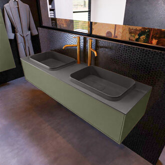 Badkamermeubelset Mondiaz Erin 150 cm met 1 Lade met RIDGE Wastafel Dubbel Dark grey met 2 kraangaten Greeploos Mat Army Groen