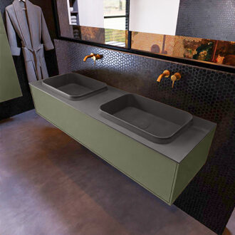 Badkamermeubelset Mondiaz Erin 150 cm met 1 Lade met RIDGE Wastafel Dubbel Dark grey Zonder Kraangaten Greeploos Mat Army Groen