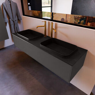 Badkamermeubelset Mondiaz Erin 150 cm met 1 Lade met RIDGE Wastafel Dubbel Urban met 2 kraangaten Greeploos Mat Dark Grey Grijs