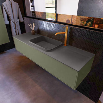 Badkamermeubelset Mondiaz Erin 150 cm met 1 Lade met RIDGE Wastafel Midden Dark grey met 1 kraangat Greeploos Mat Army Groen