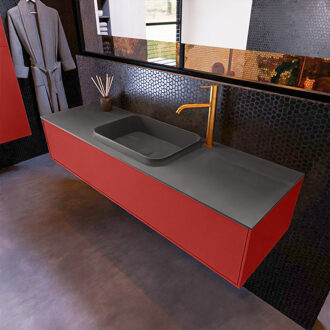 Badkamermeubelset Mondiaz Erin 150 cm met 1 Lade met RIDGE Wastafel Midden Dark grey met 1 kraangat Greeploos Mat Fire Rood