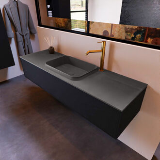 Badkamermeubelset Mondiaz Erin 150 cm met 1 Lade met RIDGE Wastafel Midden Dark grey met 1 kraangat Greeploos Mat Urban Zwart