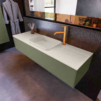 Badkamermeubelset Mondiaz Erin 150 cm met 1 Lade met RIDGE Wastafel Midden Linen met 1 kraangat Greeploos Mat Army Groen