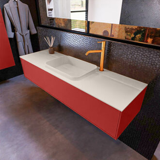 Badkamermeubelset Mondiaz Erin 150 cm met 1 Lade met RIDGE Wastafel Midden Linen met 1 kraangat Greeploos Mat Fire Rood