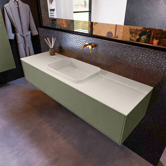 Badkamermeubelset Mondiaz Erin 150 cm met 1 Lade met RIDGE Wastafel Midden Linen Zonder Kraangaten Greeploos Mat Army Groen