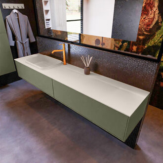 Badkamermeubelset Mondiaz Erin 200 cm met 2 Lades met RIDGE Wastafel Links Linen met 1 kraangat Greeploos Mat Army Groen