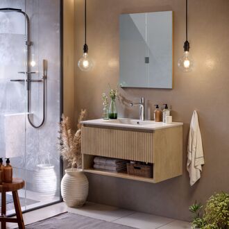 Badkamermeubelset Stries - Met Spiegel En Keramische Wastafel - Eik - Lijnen - 80cm