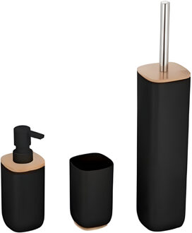 Badkamerset 3-delig - zwart - bamboe en rvs - toiletborstel - zeeppomp - beker