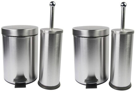 Badkamerset - 4x - Toiletborstel met Pedaalemmer - RVS - zilverkleurig