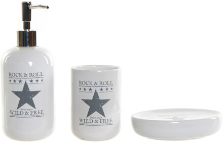 Badkamerset met zeeppompje beker en zeepschaaltje wit keramiek 18 cm