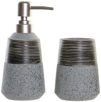 Badkamerset met zeeppompje en tandenborstel beker blauw/grijs polystone 18 cm - Badkameraccessoireset