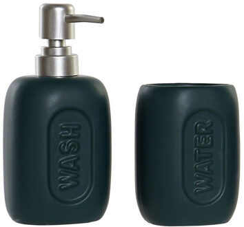 Badkamerset met zeeppompje en tandenborstel beker donkergroen polystone 17 cm - Badkameraccessoireset