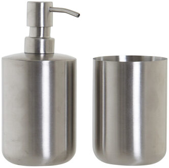 Badkamerset met zeeppompje en tandenborstel beker RVS 17 cm - Badkameraccessoireset Zilverkleurig