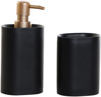 Badkamerset met zeeppompje en tandenborstel beker zwart kunststof 18 cm