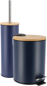 Badkamerset prullenbak en toiletborstel - Bamboo vibe - soft close - donker blauw - 3 liter