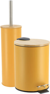 Badkamerset prullenbak en toiletborstel - Bamboo vibe - soft close - geel - 3 liter - metaa