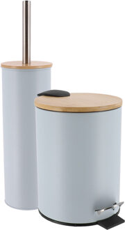 Badkamerset prullenbak en toiletborstel - Bamboo vibe - soft close - licht blauw - 3 liter