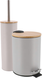 Badkamerset prullenbak en toiletborstel - Bamboo vibe - soft close - licht grijs - 3 liter