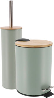 Badkamerset prullenbak en toiletborstel - Bamboo vibe - soft close - licht groen - 3 liter