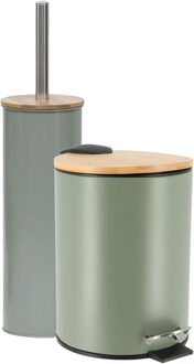 Badkamerset prullenbak en toiletborstel - Bamboo vibe - soft close - olijfgroen - 3 liter