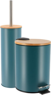 Badkamerset prullenbak en toiletborstel - Bamboo vibe - soft close - petrol - 3 liter - met