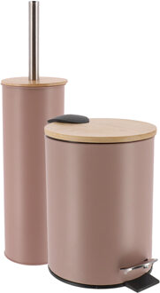 Badkamerset prullenbak en toiletborstel - Bamboo vibe - soft close - taupe - 3 liter - met