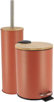 Badkamerset prullenbak en toiletborstel - Bamboo vibe - soft close - terracotta - 3 liter