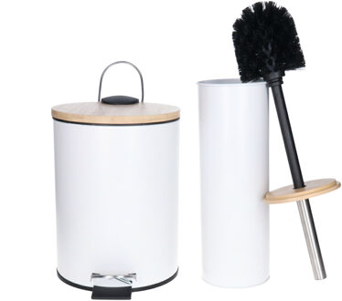 Badkamerset prullenbak en toiletborstel - Bamboo vibe - soft close - wit - 3 liter - metaal