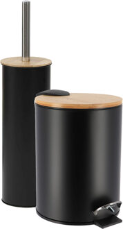 Badkamerset prullenbak en toiletborstel - Bamboo vibe - soft close - zwart - 3 liter - meta