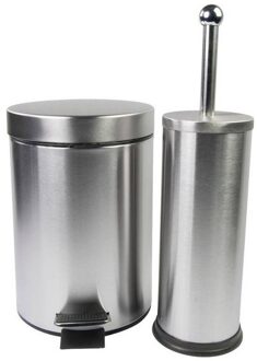 Badkamerset - Toiletborstel met Pedaalemmer - RVS - zilverkleurig