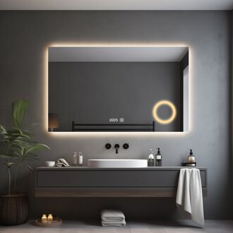 Badkamerspiegel met LED Verlichting en Verwarming 120x80cm - Afimera Primar - Randloos - Wandspiegel Rechthoek - Touch Bediening - Dimbaar - Aanpasbare Lichtkleur - Make-up Spiegel Geïntegreerd - Digitale Tijdweergave Helder/Koud wit;Warm wit;Natuurlijk w
