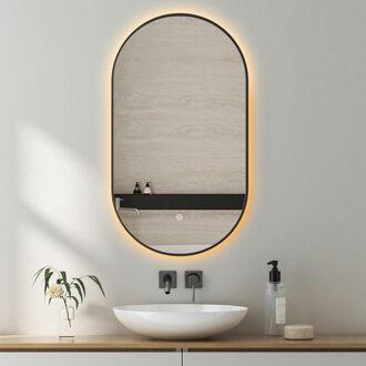 Badkamerspiegel met LED Verlichting en Verwarming 40x75cm - Afimera Ellips - Zwart - Wandspiegel Ovaal - Touch Bediening - Dimbaar - Aanpasbare Lichtkleur Helder/Koud wit;Warm wit;Natuurlijk wit